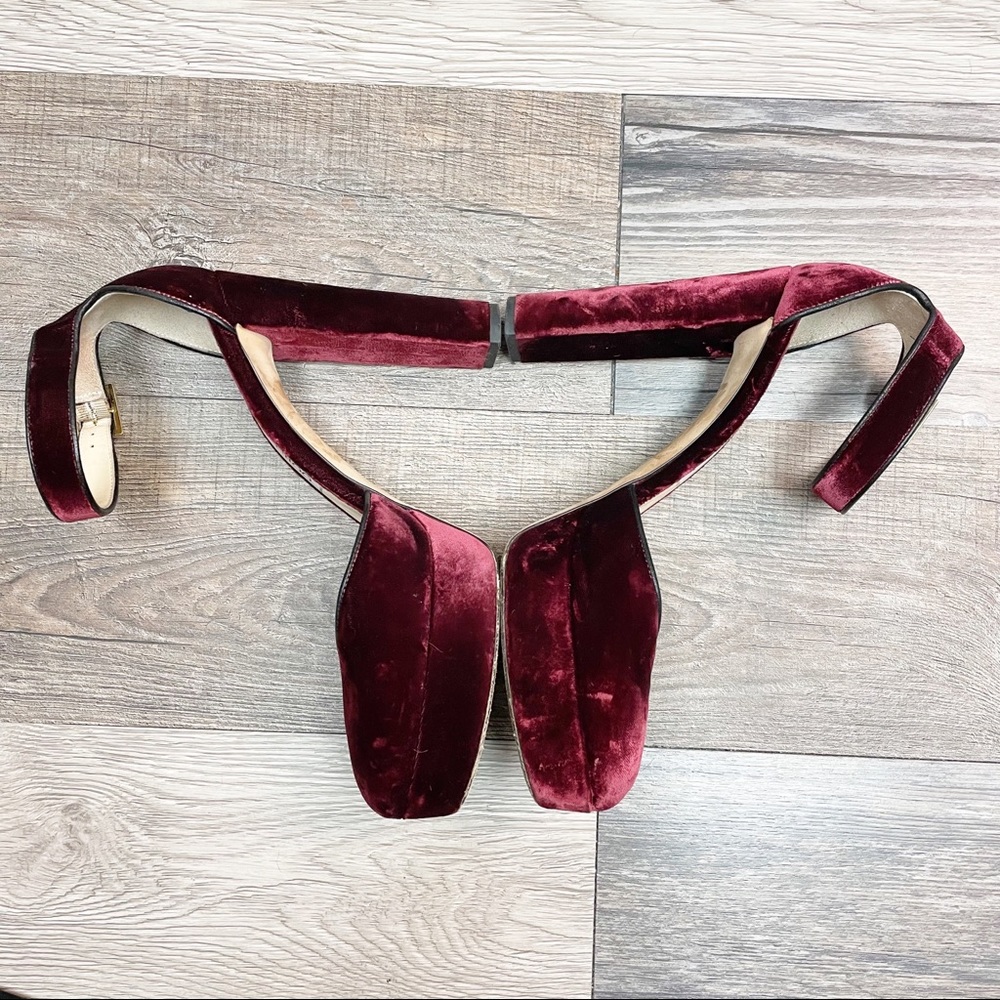 JIMMY CHOO Merlot Red Velvet Platform Heels Sz 9 - Picture 3 of 10